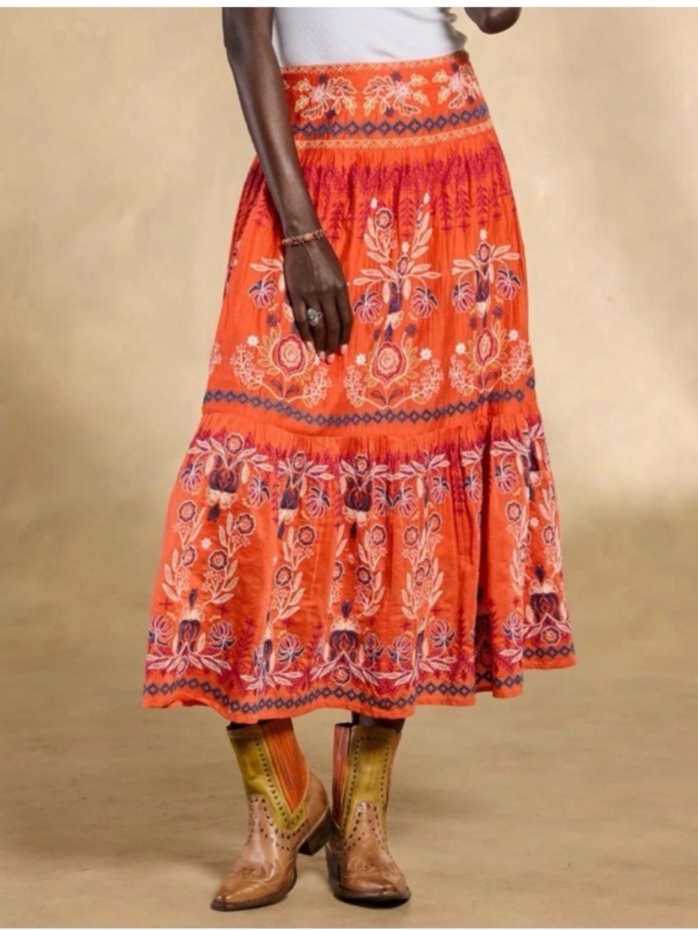 Sundance Salina Orange Floral Embroidered Tiered 31” Maxi Skirt
